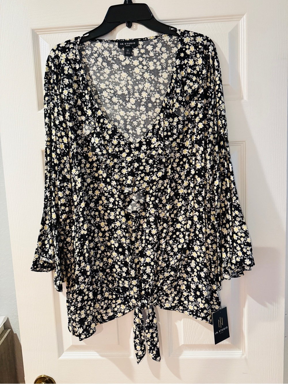 I.N. Studio Black Floral Tie-Front V-Neck Blouse
